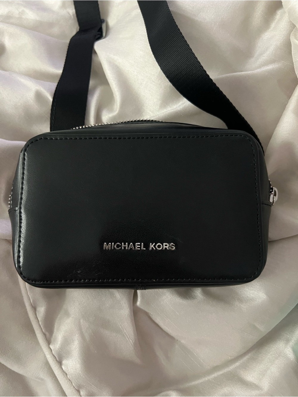 Michael Kors Black Leather Belt Bag with Silver Logo